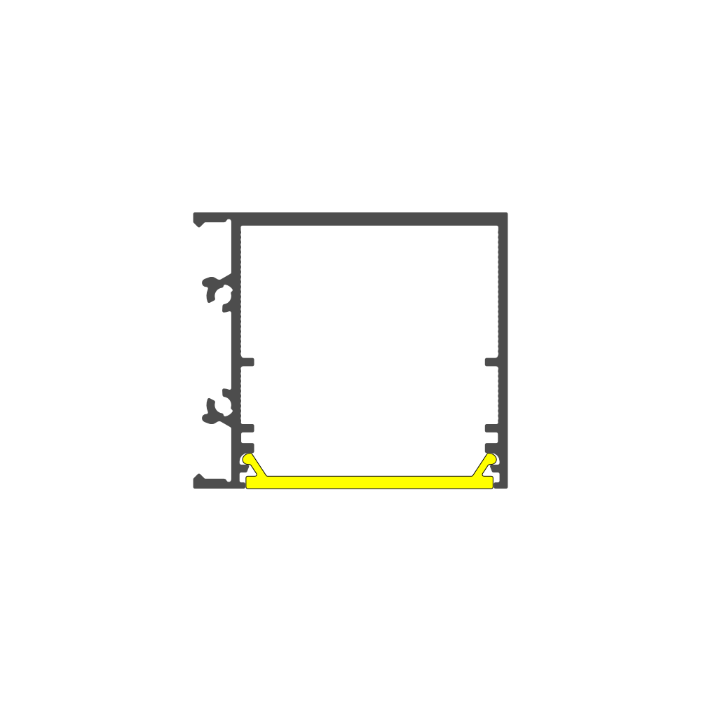 A technical drawing of a square-shaped frame shows a highlighted yellow strip along the bottom edge, representing the 1.3" Surface Mount Side-Lighting LED Channel (Model Vario30-03) for architectural lighting in window or door cross-sections.