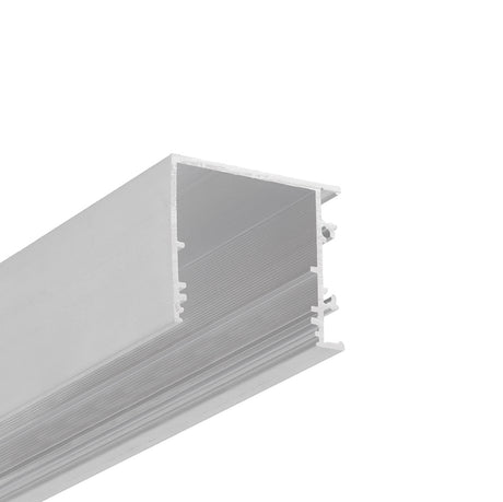 Close-up of the 1.3" Surface Mount Side-Lighting LED Channel (Model Vario30-03) in silver aluminum, featuring a rectangular hollow profile with internal grooves, designed for mounting LED strip lights in architectural lighting applications.