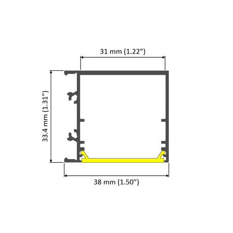 Technical drawing of the 1.3" Surface Mount Side-Lighting LED Channel (Model Vario30-03): aluminum profile, 33.4mm tall, 38mm wide, segment 31mm wide, with a yellow area along the bottom inner edge for architectural lighting.