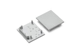 Two gray plastic End Caps for Vario30-03 Profile are shown side by side on a plain white background—one with pegs and markings facing up, the other as a flat cover. Perfect for lighting fixture installations.