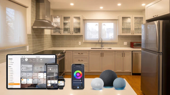 Recessed Bluetooth LED downlights in a modern kitchen.