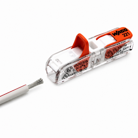 A Wago 221 Series Inline Wire Splicing Lever-Nut Connector with an orange lever is shown next to a stripped, multi-strand electrical wire, ready for insertion. The connector features a transparent plastic casing.
