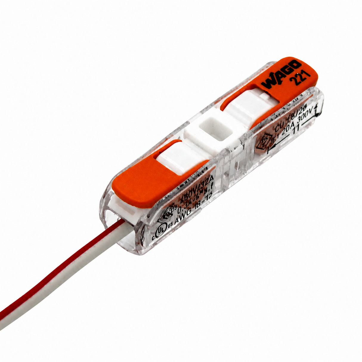 Close-up of a transparent Wago 221 Series Inline Wire Splicing Lever-Nut Connector with an orange lever and white and red wires inserted. The model number 221 and WAGO branding are visible on this reliable splicing connector.