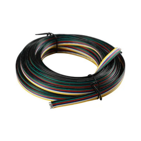 A coiled RGB+CCT 6-Pin Wire Connector (UniColor IP20 COB Series) with multicolored flat ribbon cable, ideal for COB tape light systems or as a 6-pin connector, secured with two black twist ties on a white background.