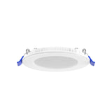 The 4 Ultra-Slim RGB+CCT Smart Wireless Downlight (EnoLED WSD-RGBCW-4) is a round, white LED recessed ceiling light with two blue spring clips on each side, shown against a plain white background.