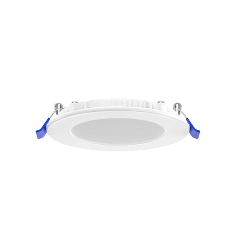 The 4 Ultra-Slim RGB+CCT Smart Wireless Downlight (EnoLED WSD-RGBCW-4) is a round, white LED recessed ceiling light with two blue spring clips on each side, shown against a plain white background.