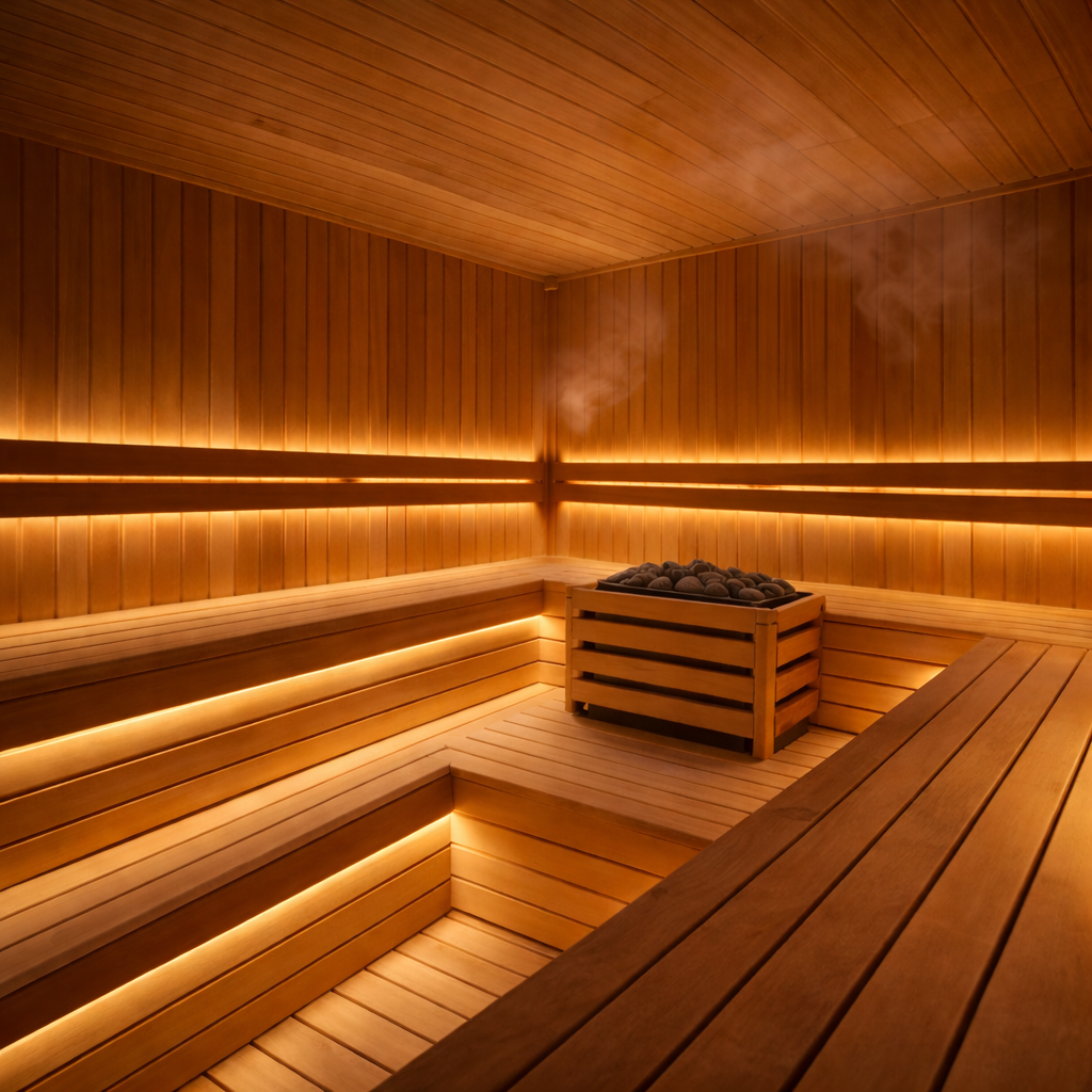 A modern wooden sauna with tiered bench seating and a central heater features the White High CRI IP68 LED Strip (24V) ~ Sauna Pro White Series, adding warm, ambient lighting and enhancing the atmosphere with premium illumination.