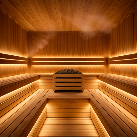 A modern wooden sauna with tiered benches, warm ambient lighting from the White High CRI IP68 LED Strip (24V) ~ Sauna Pro White Series, and a central heater with hot stones releasing soothing steam.