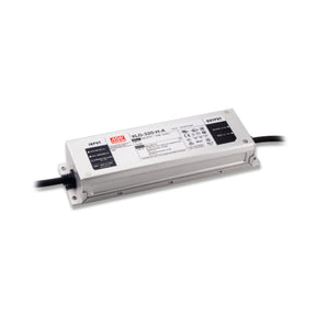 A rectangular white Compact IP67 Waterproof LED Driver with Selectable Voltage from the Meanwell XLG Series, featuring black input and output cables, visible technical details, and a sturdy gray metal casing, is displayed on a white background. This versatile LED driver from the trusted Meanwell XLG Series offers dependable performance for various LED power supply needs.