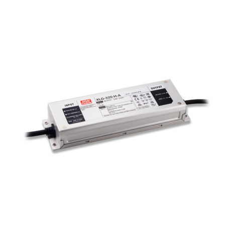 A rectangular white Compact IP67 Waterproof LED Driver with Selectable Voltage from the Meanwell XLG Series, featuring black input and output cables, visible technical details, and a sturdy gray metal casing, is displayed on a white background. This versatile LED driver from the trusted Meanwell XLG Series offers dependable performance for various LED power supply needs.