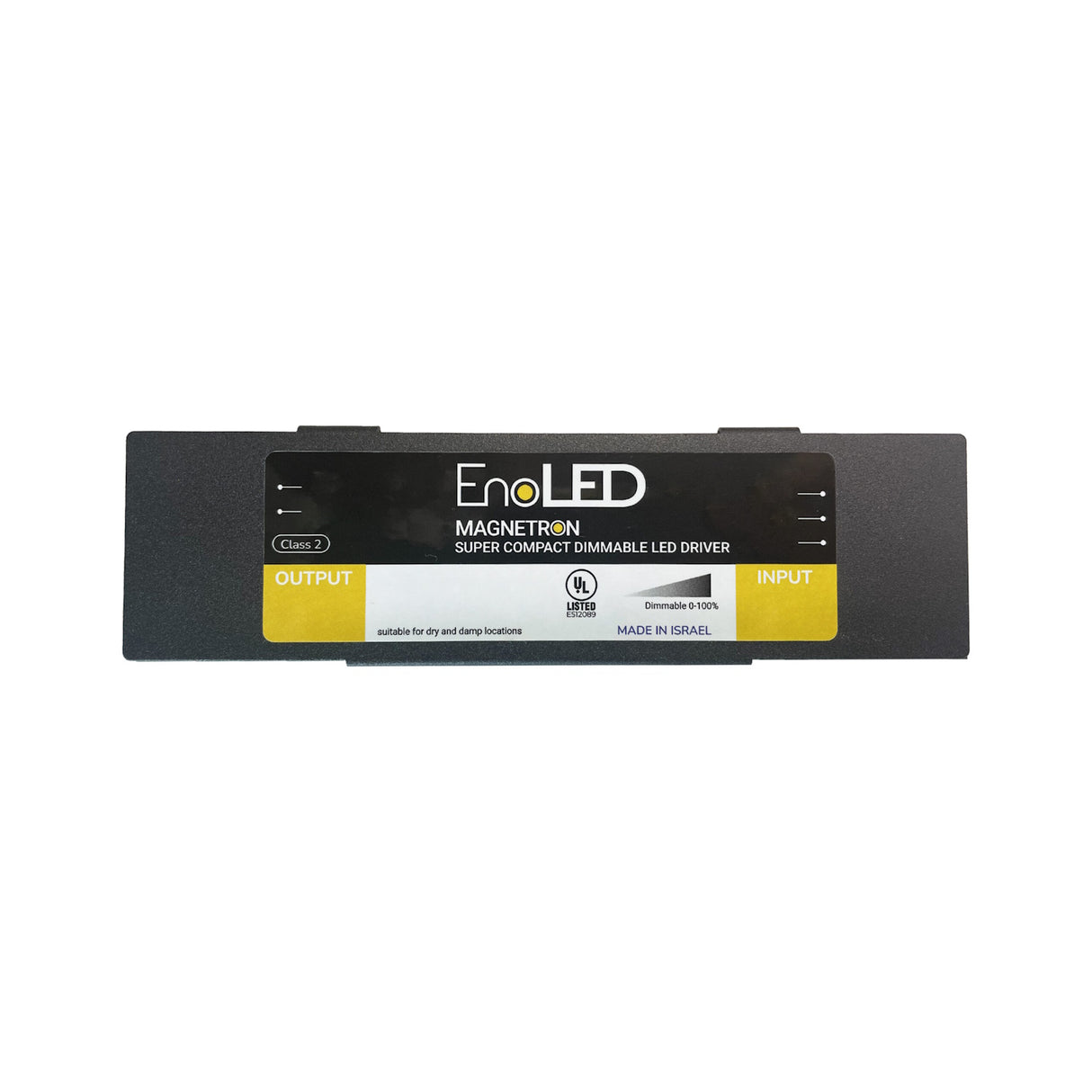 The EnoLED XRD Series Super Compact Dimmable Class 2 LED Driver (24V) features yellow-labeled Output/Input sections, a UL certification mark, and Made in Israel text on its black front panel—ideal for reliable dimmable LED applications.
