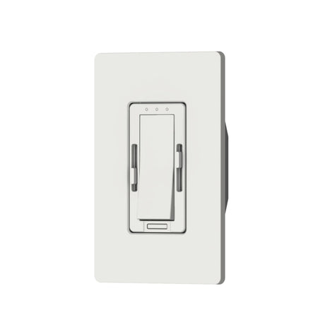 The Dual Channel 0-10V Dimmer for CCT Lights ~ Zero System is a white, wall-mounted dimmer with a rectangular paddle and indicator lights, offering precise control of tunable-white LEDs, shown on a plain white background.
