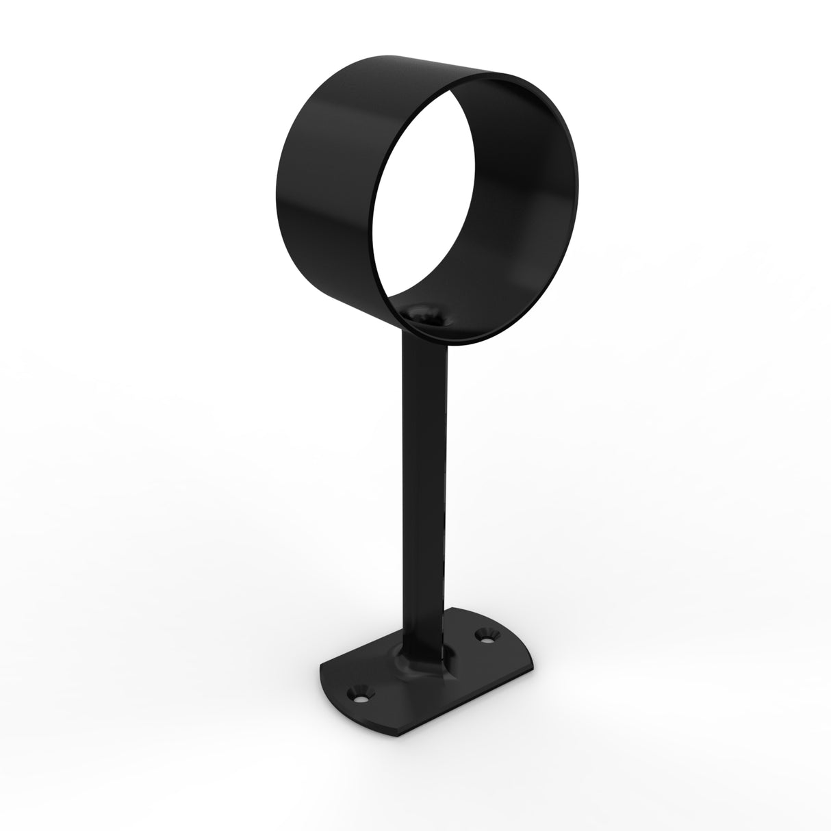 The Wired Post for 2.56 Round Profiles is a black metal mount with a circular top ring, vertical stem, and rectangular base with screw holes, designed to securely attach LED diffuser tubes to flat surfaces.