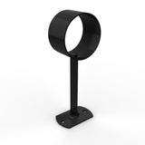 The Wired Post for 2.56 Round Profiles is a black metal mount with a circular top ring, vertical stem, and rectangular base with screw holes, designed to securely attach LED diffuser tubes to flat surfaces.