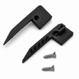 Two black 3D Printed End Caps for Up-Mini10 Profile with pointed ends and notches are shown next to two small silver screws, perfect for securing an LED stair light channel, all displayed on a white background.