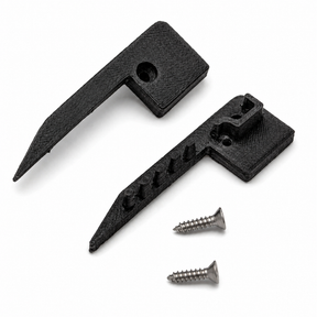 Two black 3D Printed End Caps for Up-Mini10 Profile with pointed ends and notches are shown next to two small silver screws, perfect for securing an LED stair light channel, all displayed on a white background.
