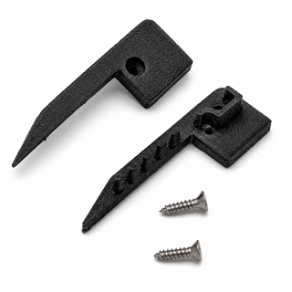 Two black 3D Printed End Caps for Up-Mini10 Profile with pointed ends and notches are shown next to two small silver screws, perfect for securing an LED stair light channel, all displayed on a white background.