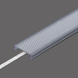 A close-up of an LED strip partially inserted into a clear, textured PMMA LED Channel Cover ~ C7 Click with a diffuser cover on a gray background.
