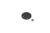 A black circular aluminum Extension Arm End Cap for Oval20 Profile with two holes is shown next to two small screws on a plain white background.