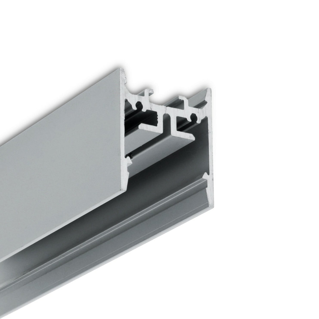 Close-up of the 1″ Suspended/Surface Mount LED Channel, Model Pixy20-01, featuring a silver finish with multiple channels and grooves, isolated on a white background.