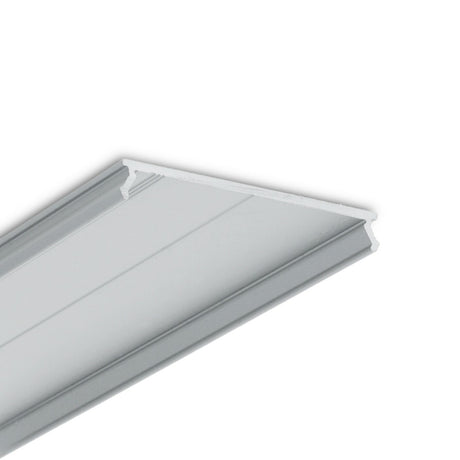 A close-up of the silver LED Channel Cover ~ C8 Click Aluminim, featuring a flat base and raised edges, viewed at an angle on a white background—perfect as an LED profile diffuser.