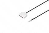 The Micro-Plug Distributor is a white, rectangular three-port 24V electrical connector attached to a black cable, shown with a smaller white micro adapter and cable, all displayed on a plain white background.