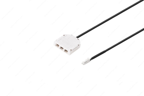 The Micro-Plug Distributor is a white, rectangular three-port 24V electrical connector attached to a black cable, shown with a smaller white micro adapter and cable, all displayed on a plain white background.