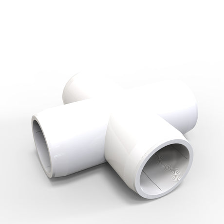 The Structural PVC Joiner for Oslo Round Profiles is a white, cross-shaped plastic fitting with four open ends, designed for custom lighting structures. It is shown resting on a white surface with a minimalistic background.