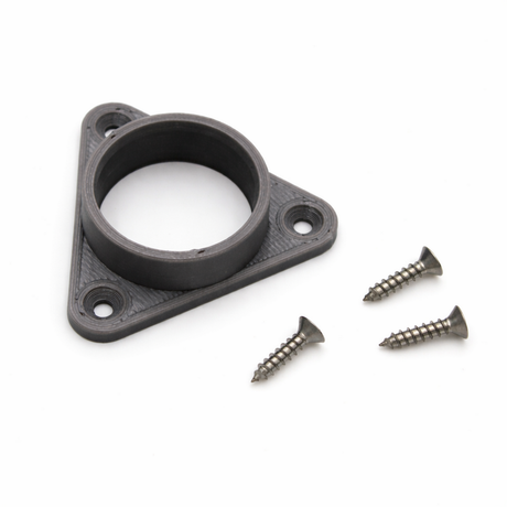 The Closet Installation Mounting Bracket for Alu-Round Profile is a black triangular plastic piece with a circular center hole, shown on a white background with three silver screws beside it.