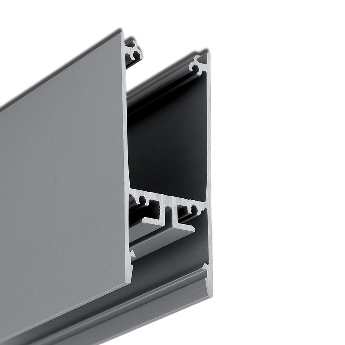Close-up of the 1″ Suspended/Surface Mount LED Channel, Model Pixy20-02—a silver aluminum extrusion profile featuring a rectangular shape with multiple internal channels, commonly used as an LED profile for architectural lighting or as a surface-mounted aluminum channel in structural framing and construction applications.