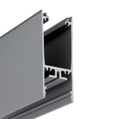 Close-up of the 1″ Suspended/Surface Mount LED Channel, Model Pixy20-02—a silver aluminum extrusion profile featuring a rectangular shape with multiple internal channels, commonly used as an LED profile for architectural lighting or as a surface-mounted aluminum channel in structural framing and construction applications.