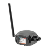 The AIR-BRIDGE-DMX is a black wireless DMX transmitter and receiver system featuring an antenna, two cable ports, and a side label with technical details, designed for reliable lighting control.