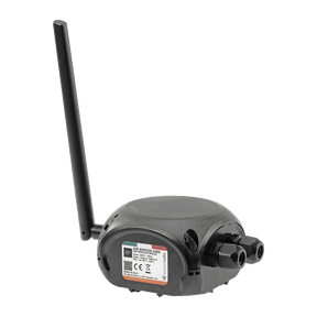 The AIR-BRIDGE-DMX is a black wireless DMX transmitter and receiver system featuring an antenna, two cable ports, and a side label with technical details, designed for reliable lighting control.