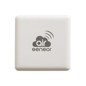 A white, square plastic airSensor by Blebox, labeled as an Air Pollution Detector and Wi-Fi Air Quality Sensor with a cloud and three curved lines icon. The background is plain white.