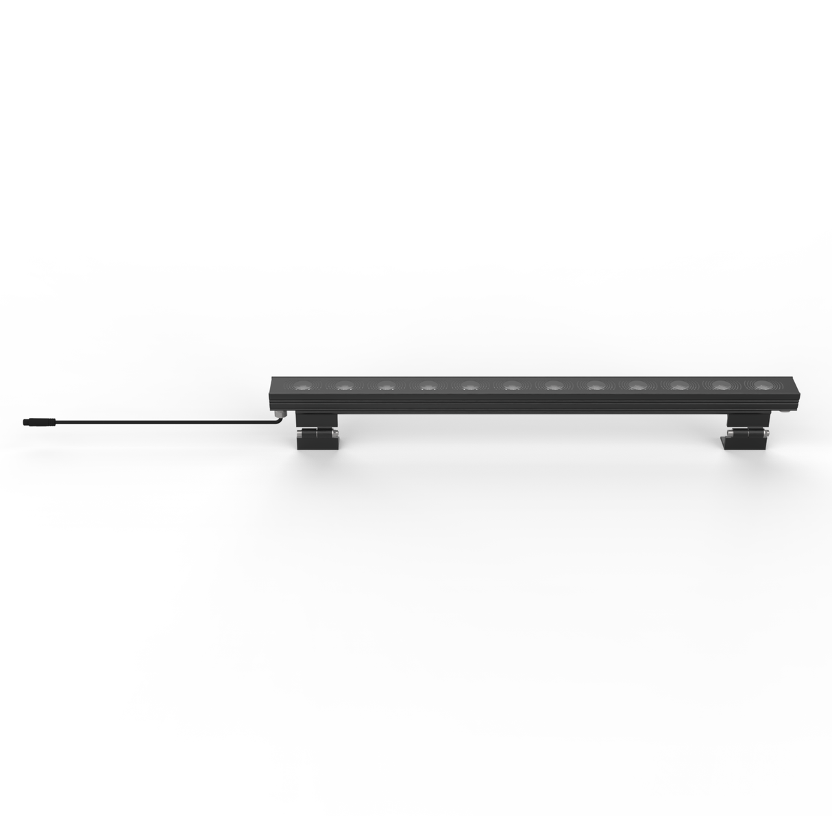 The LED Wall Washer Light ~ Model Alphaeus 3-MO50 is a slim black bar with multiple LEDs, short mounting brackets, and an end cable—perfect for high-power linear exterior wall washing, especially against white backgrounds.