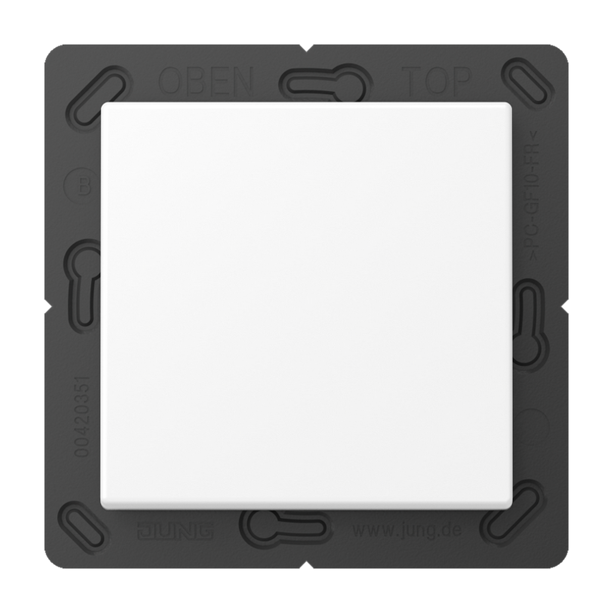 A Casambi 2-Channel Wireless Radio Transmitter (Jung BLE A 590) features a white square light switch with wireless control, mounted on a black square base, viewed from above, marked OBEN and TOP at the top edge.