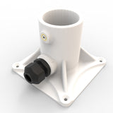 The Plastic Base for Sierra38 Round Profile is a white cylindrical mounting bracket with a square base, side black cable gland, small circular plug above, and four screw holes—perfect for surface-mounting Sierra38 profiles.