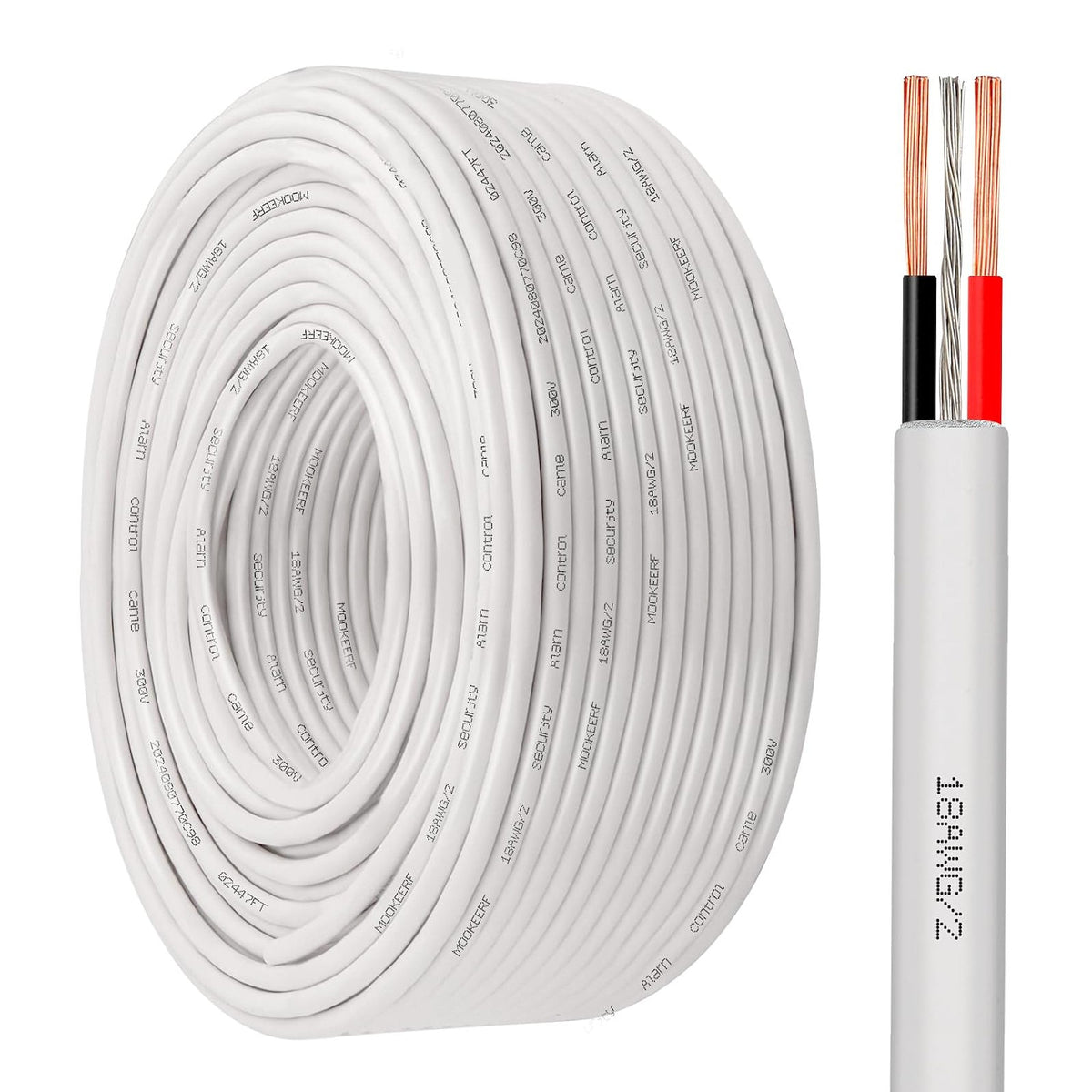 A coil of white 2-Core 18 AWG Stranded Shielded UL Plenum Wire next to a straight length showing its black and red internal wires.