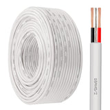 A coil of white 2-Core 18 AWG Stranded Shielded UL Plenum Wire next to a straight length showing its black and red internal wires.