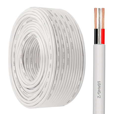 A coil of white 2-Core 18 AWG Stranded Shielded UL Plenum Wire next to a straight length showing its black and red internal wires.