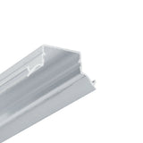 A silver aluminum Complementary Profile ~ Model Pixel33-04 LED channel with an angular, recessed light tray cross-section.