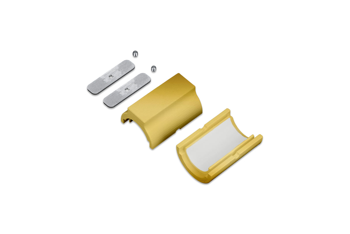 Disassembled Through Holder for Arc12 Duo Profile, featuring two silver bars, two screws, and two gold curved pieces, set on a white background.