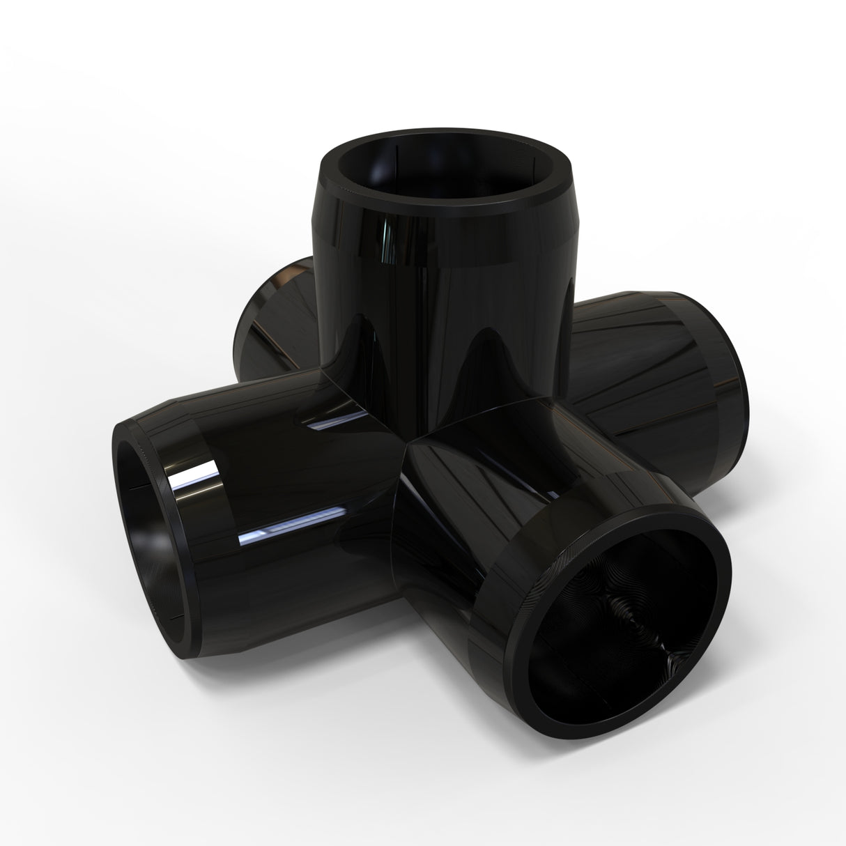 The Structural PVC Joiner for Sierra38 Round Profiles is a glossy black plastic fitting with four cylindrical openings in a cross shape, ideal as a joiner for custom lighting structures, shown against a white background.