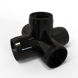 The Structural PVC Joiner for Sierra38 Round Profiles is a glossy black plastic fitting with four cylindrical openings in a cross shape, ideal as a joiner for custom lighting structures, shown against a white background.