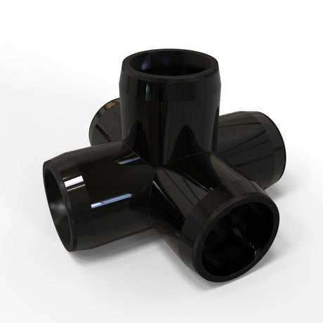The Structural PVC Joiner for Sierra38 Round Profiles is a glossy black plastic fitting with four cylindrical openings in a cross shape, ideal as a joiner for custom lighting structures, shown against a white background.