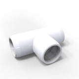 The Structural PVC Joiner for Sierra38 Round Profiles is a white, T-shaped plastic fitting with three open ends, perfect for assembling custom lighting structures or connecting light diffuser tubes.