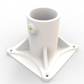 The Plastic Base for Sierra38 Round Profile is a white, cylindrical pipe with a square base featuring four corner holes and a side port, perfect for surface mounting or as support in Sierra38 profile and LED strip setups.