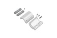 Disassembled Through Holder for Arc12 Duo Profile, featuring two curved plastic shell parts, two rectangular metal pieces similar to a bendable LED channel, a small metal ball, and three screws arranged on a white background.