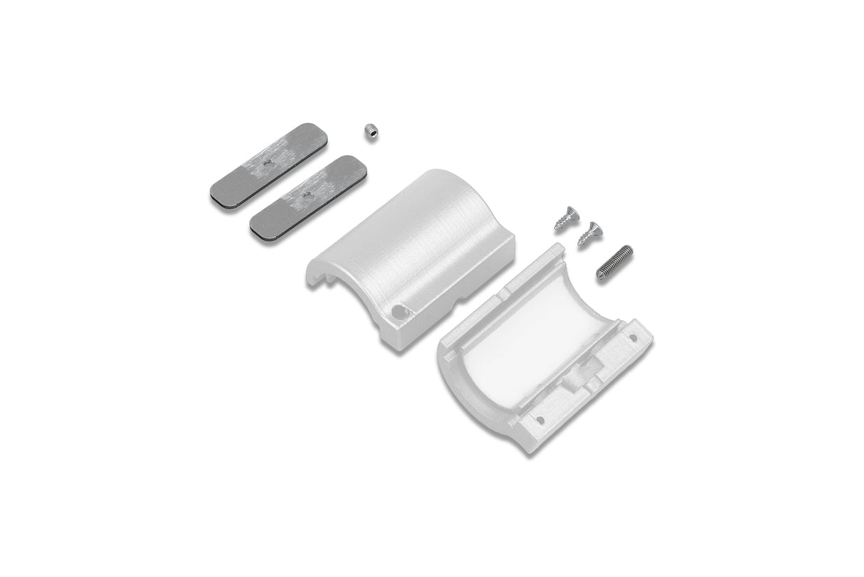 Disassembled Through Holder for Arc12 Duo Profile, featuring two curved plastic shell parts, two rectangular metal pieces similar to a bendable LED channel, a small metal ball, and three screws arranged on a white background.