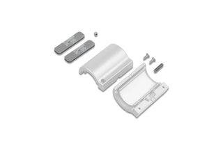 Disassembled Through Holder for Arc12 Duo Profile, featuring two curved plastic shell parts, two rectangular metal pieces similar to a bendable LED channel, a small metal ball, and three screws arranged on a white background.